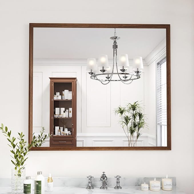 WEER Bathroom Mirror, 40x36 Inch Wall Mirror, Walnut Wood Grain Framed Mirror by WEER