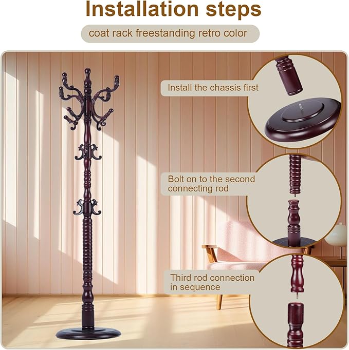 Coat Rack Freestanding with 18 Hooks, Wooden Standing Coat Racks - Image 3