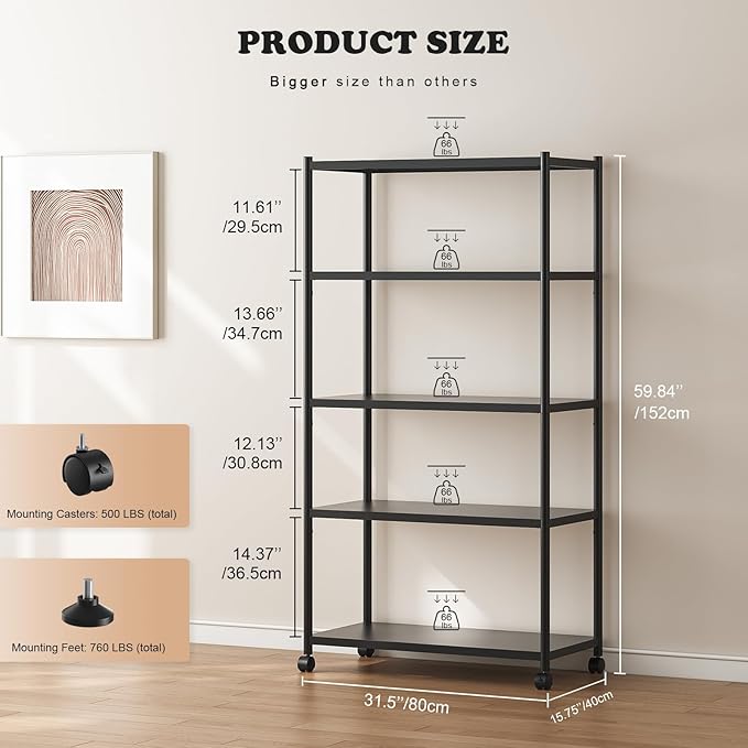 ZZL 5 Tier Large Bookshelf 31.49" Width, Tall Book Shelf Storage and - Image 2
