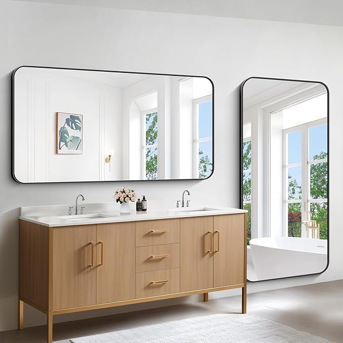 Bathroom Mirror, 30x60 inch Black Rectangle Wall Mirror, Metal Frame Rounded - Image 4
