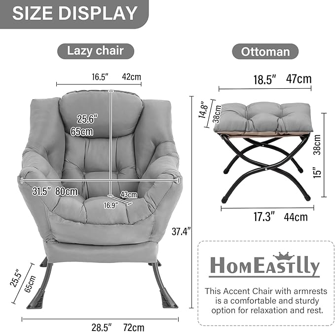 Lazy Chair with Ottoman, Large Modern Lounge Accent Chair with Armrests and - Image 3