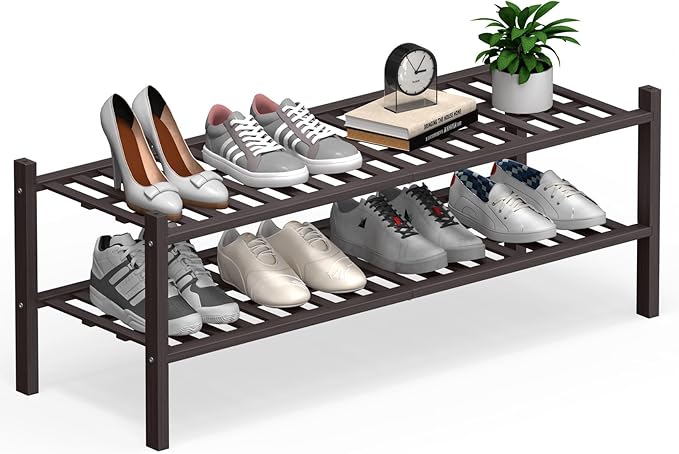 Haddockway Long 2 Tier Bamboo Shoe Rack Storage Organizer, Small Space by Haddockway