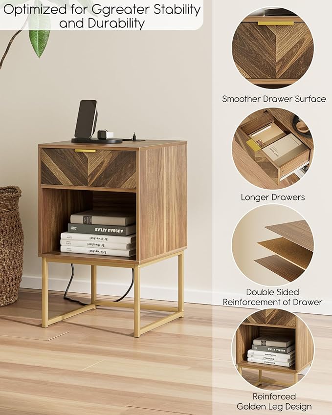 Nightstand with Charging Station, Modern Night Stand Boho Farmhouse Wood - Image 7