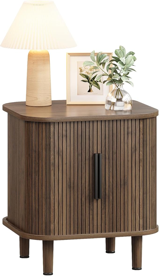 Fluted End Table with Sliding Tambour Door, Mid-Century Modern Bedside Table - Image 8