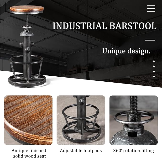 Topower Antique Industrial Round Bottom Adjustable Height Cafe Coffee Retro - Image 4
