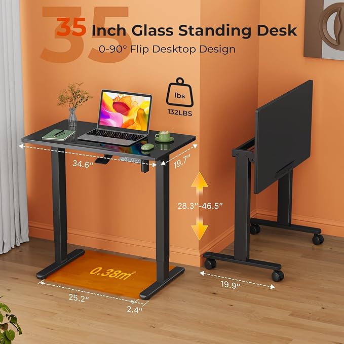 Glass Standing Desk，35inch Whole Piece Rolling Sit Stand Table - Image 2