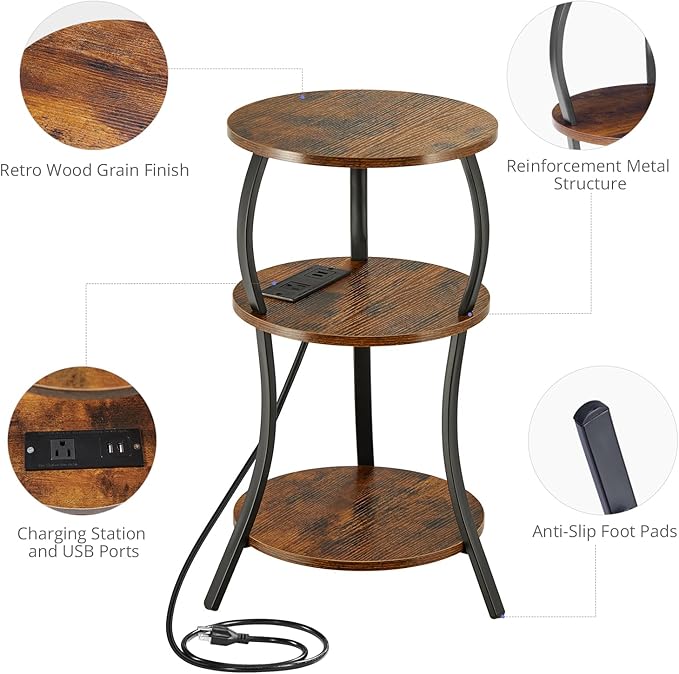 Small Round Side Table with Charging Station, 3-Tier Waist Circular End Table - Image 6