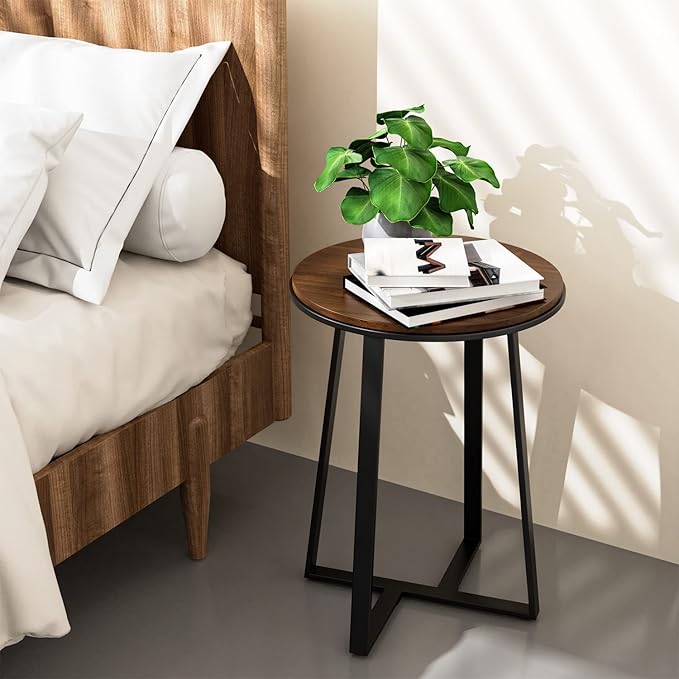 Round End Tables, Small Side Table Walnut Color MDF Top, Metal Frame Black - Image 3