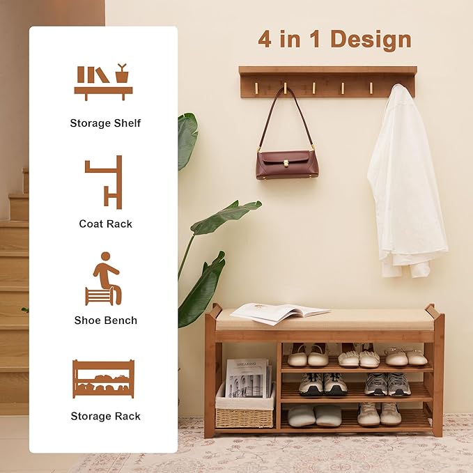 Hall Tree with Bench and Shoe Storage, Coat Rack Shoe Bench Set with Seat - Image 9
