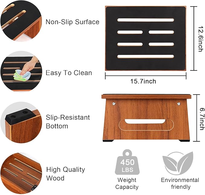 Wooden Step Stool with Non-Slip Rubber Feet Step, Heavy Duty Platform Stepping - Image 5