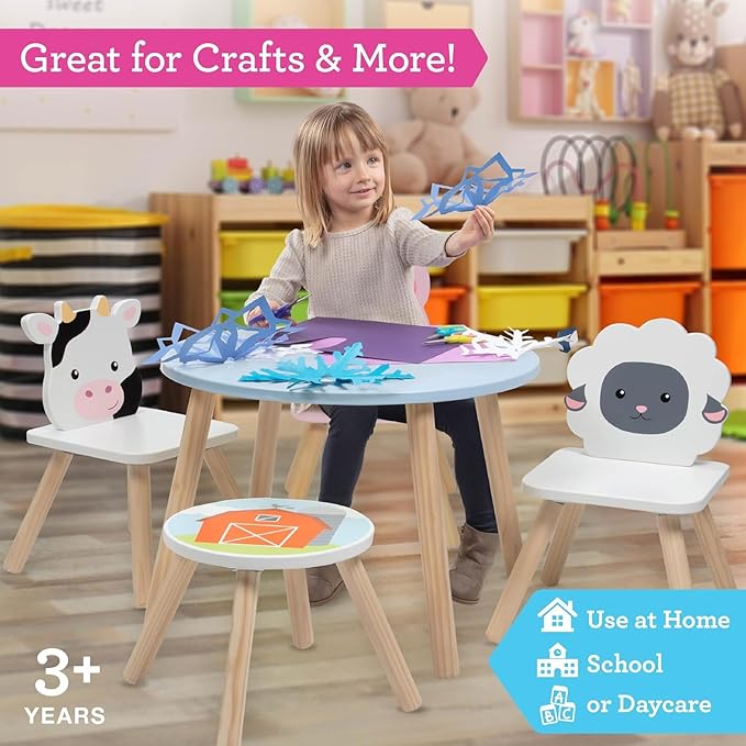 Kids Wooden Animal Table & Chair Set w 4 Seats- Cow Pig Sheep Plus Adult Stool - Image 2