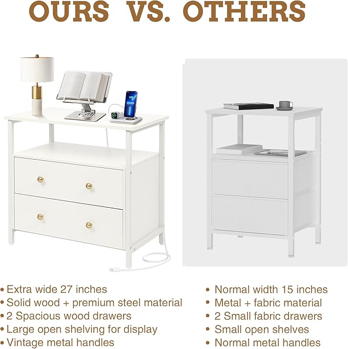 27 inch Wide Nightstand with Charging Station, Bedside Table with Open Shelf - Image 7