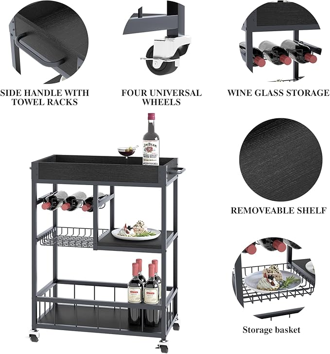 Bar Cart with Basket 3 Tiers Home Rolling Wine Rack with Wheels Mobile Kitchen - Image 8