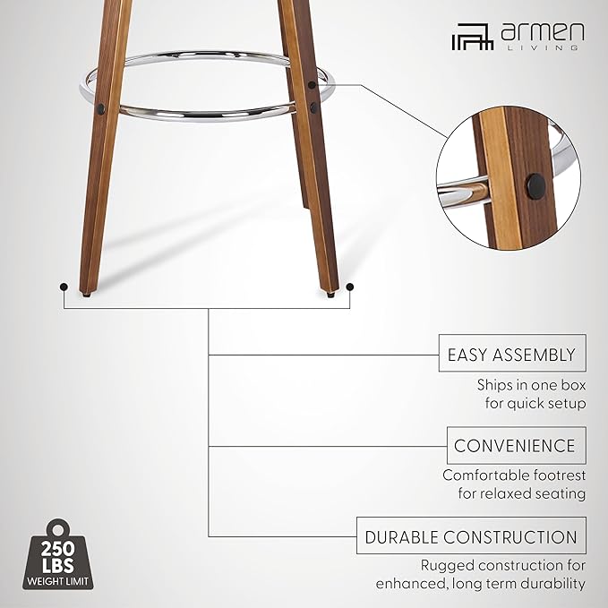 Armen Living Sonia 30" Bar Height Swivel Cream Faux Leather and Walnut Wood Bar - Image 5