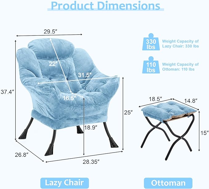 Fabric Lazy Chair with Ottoman, Oversized Upholstered Sofa Chair - Image 3