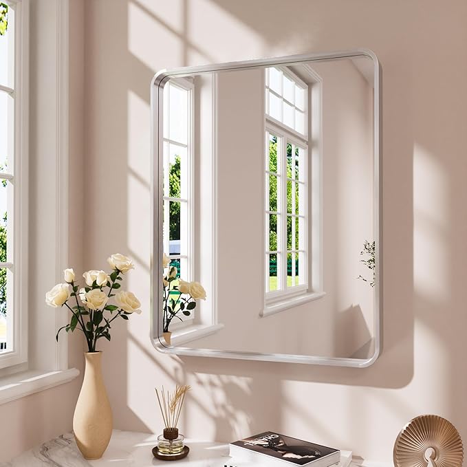 Brushed Nickel Bathroom Mirror 20x30 Inch, Brushed Silver Metal Frame Mirror by JISOSO