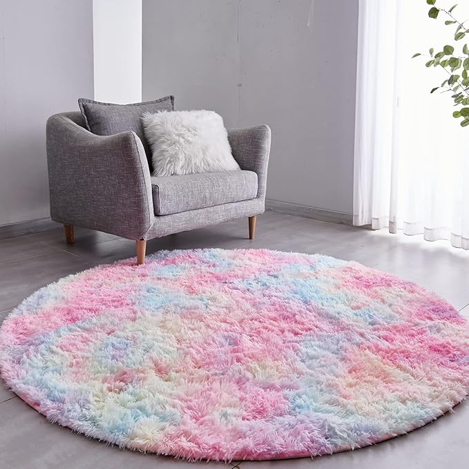 FJZFING Rainbow Round Rug Ultra-Soft Plush Modern 6x6 Circle Area Rug by FJZFING