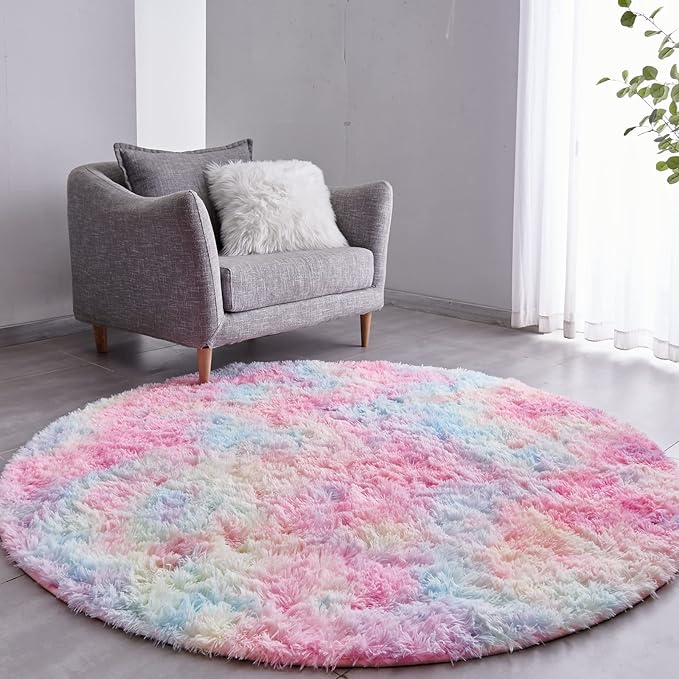 FJZFING Rainbow Round Rug Ultra-Soft Plush Modern 4x4 Circle Area Rug by FJZFING