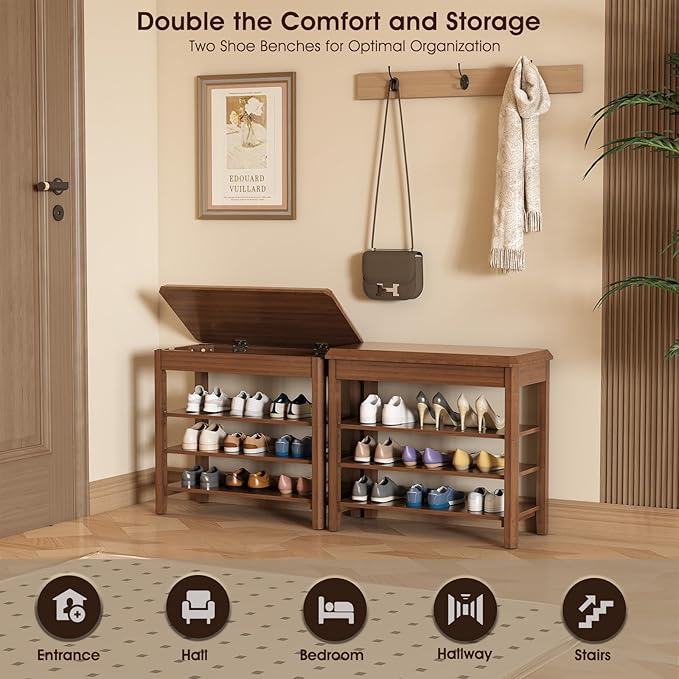 Shoe Rack Bench Seat Rubberwood 3-Tier Wooden Storage Bench 550lbs Compact - Image 3