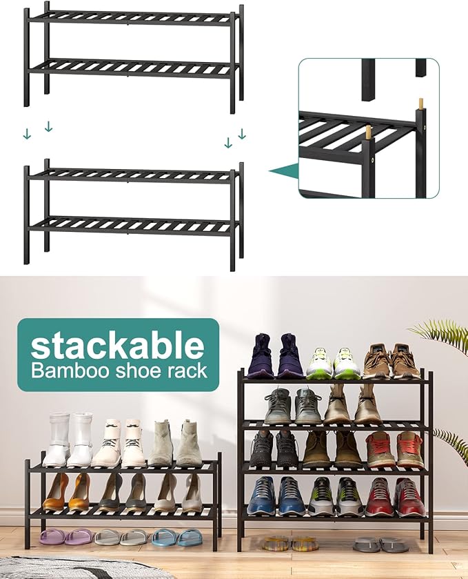 2-Tier Black Bamboo Shoe Rack for Entryway, Stackable | Foldable | Natural - Image 5