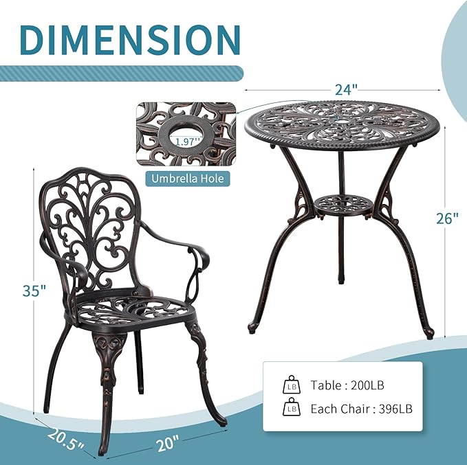 Outdoor Bistro Table and Chairs Set of 2 Cast Aluminum Patio Bistro Set - Image 6