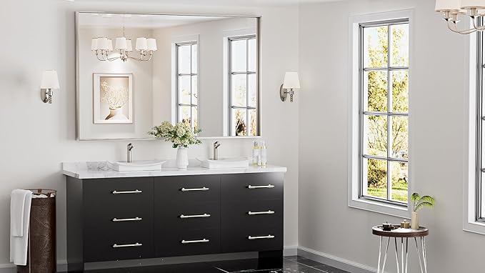 Keonjinn Brushed Nickel Bathroom Mirror 60 x 40 in Rectangle Frame Mirror - Image 2