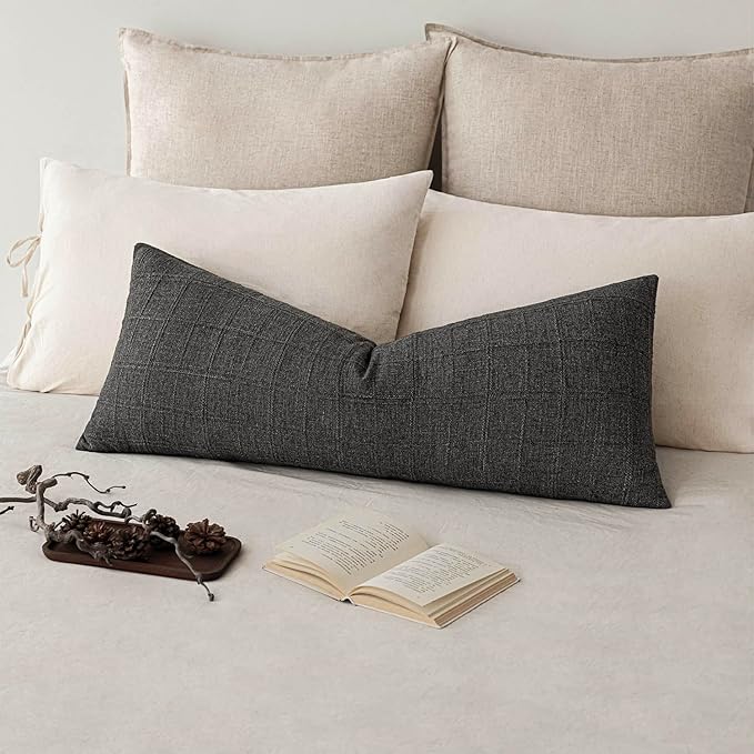 Foindtower Set of 2 Decorative Linen Check Throw Pillow Covers Neutral Long - Image 6