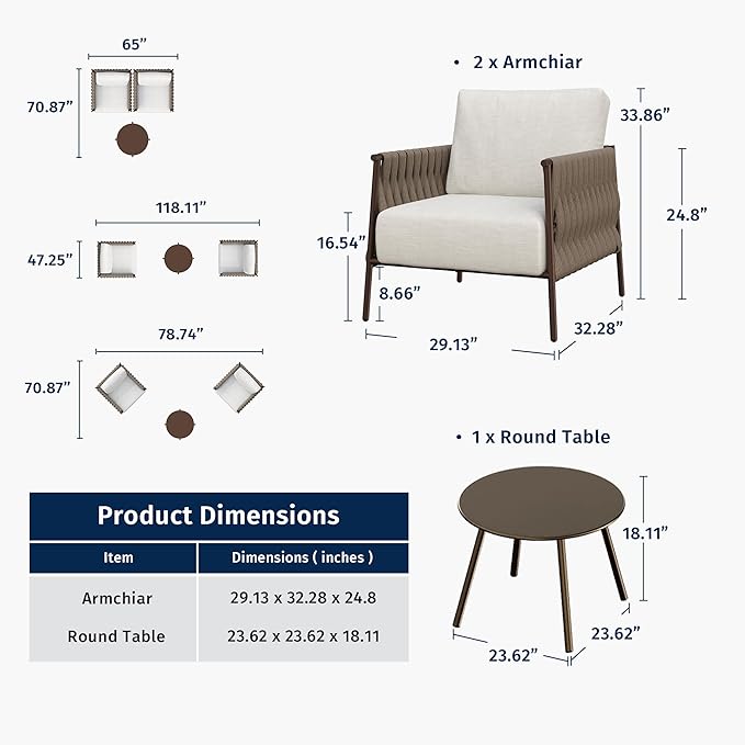 EAST OAK 3-Piece Patio Furniture Set | Armchairs & Coffee Table | Outdoor - Image 9
