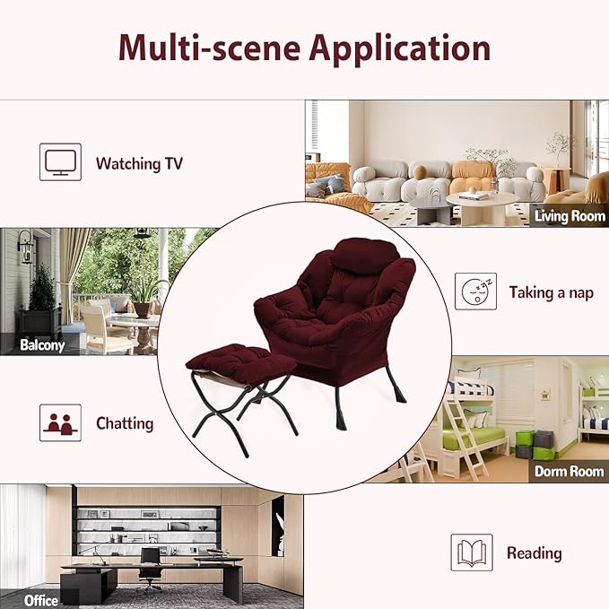 Lazy Chair with Folding Ottoman, Accent Chair Velvet Upholstered with Metal - Image 8