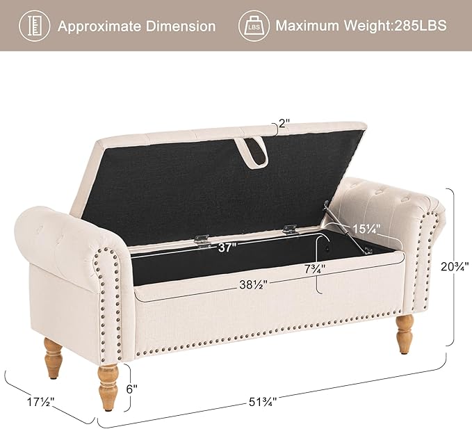Furniliving 51” Storage Benches, End of Bed Bench - Image 3
