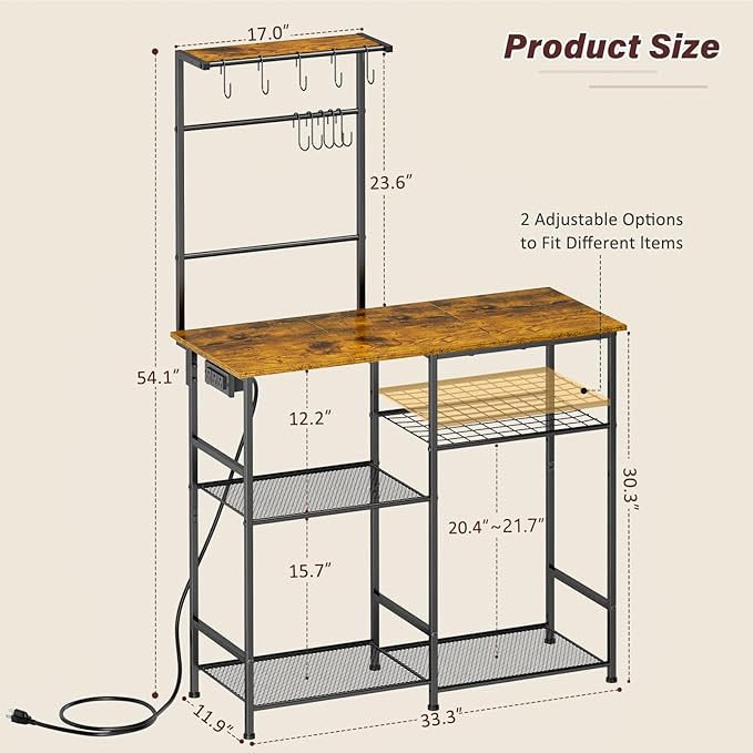 Bakers Rack with Power Outlet, Kitchen Microwave Stand with 10 S-shaped Hooks - Image 2