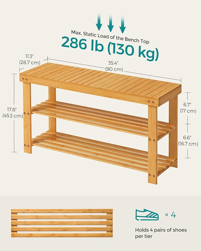 SONGMICS Shoe Rack Bench, 3-Tier Bamboo Shoe Storage Organizer, Entryway Bench - Image 2