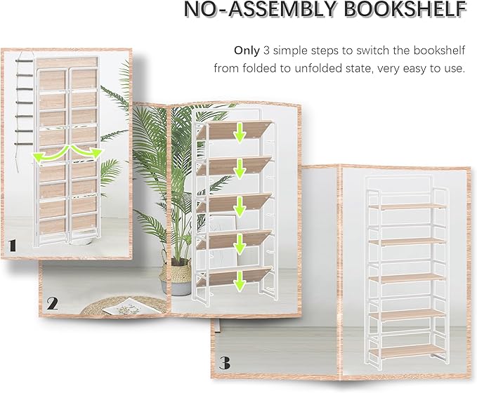 4NM No-Assembly 5 Tiers Folding Bookshelf Storage Shelves Vintage Bookcase - Image 6