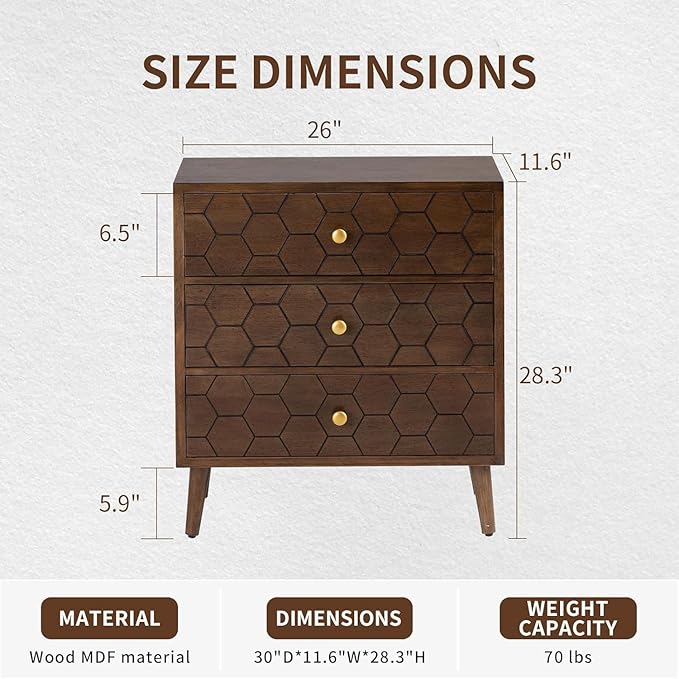 COSIEST Modern End Table w 3 Storage Drawers, Night Stand w Honeycomb Pattern - Image 2