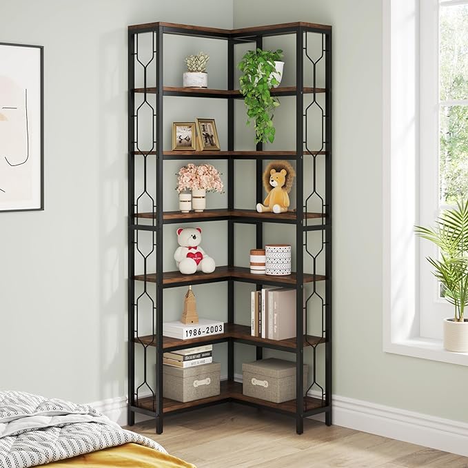 Tribesigns Corner Shelf, 7-Tier Industrial Corner Bookshelf, Wood and Metal - Image 6
