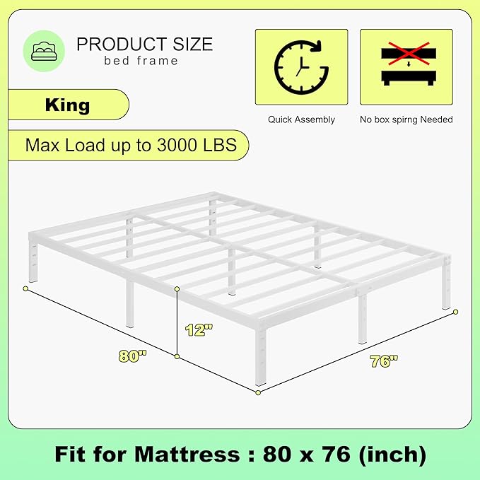 12 Inch White King Size Bed Frame, Heavy Duty King Size Platform Bed Frame - Image 2