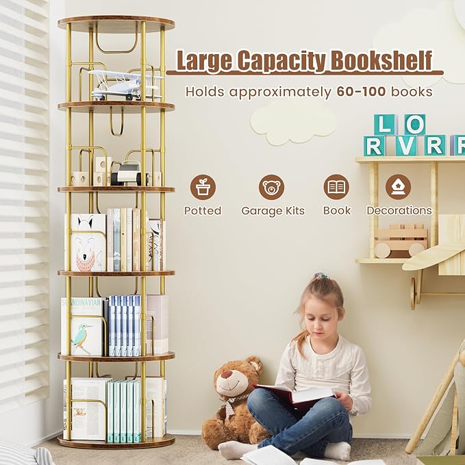 5 Tier Rotating Bookshelf, 360 ° Display Stackable Spinning Bookshelf Tower - Image 4
