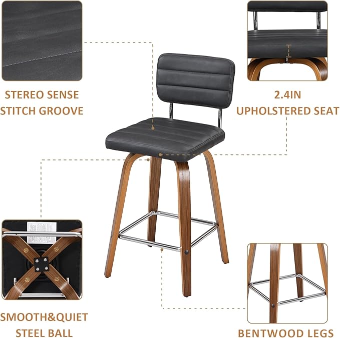 Counter Height Bar Stools Set of 2 Wood Swivel Bar Stools - Image 4