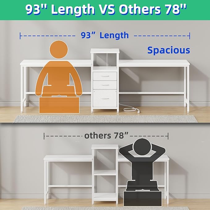 93'' Two Person Desk with Charging Station, Long Desk with 3 Drawers and - Image 3