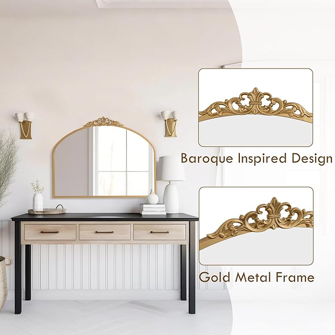 1 Set Vintage Mirror 36x29 Gold Antique Baroque Arched Ornate Traditional Brass - Image 4