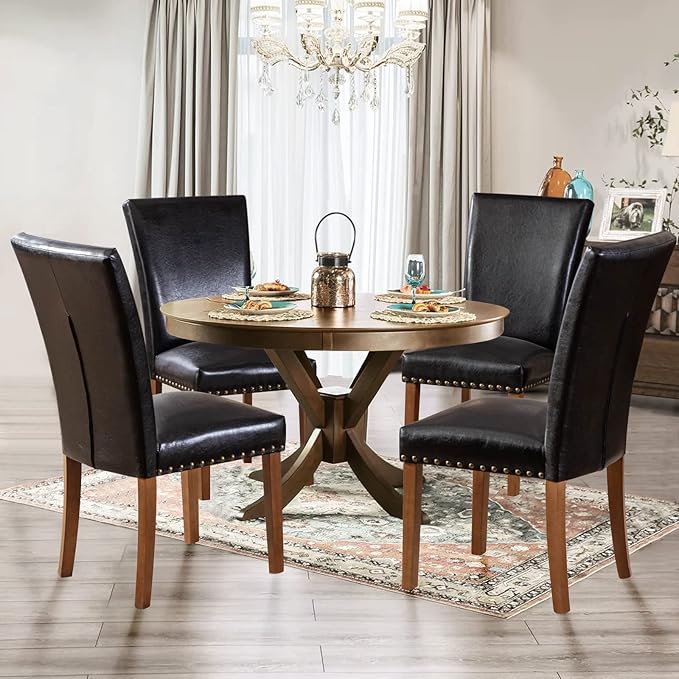 Parsons Dining Chairs Set of 4, Upholstered Nailhead PU Leather Dining Room by COLAMYINC