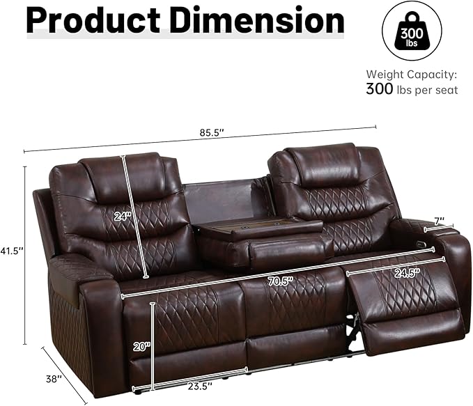 PU Leather Power Wall Hugger Chair Double Reclining Sectional Sofa 3-Seater - Image 2