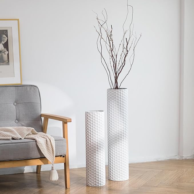 Sziqiqi White Tall Vases for Floor: 27.6/21.7in Metal Cylinder Handmade Flower by SZIQIQI