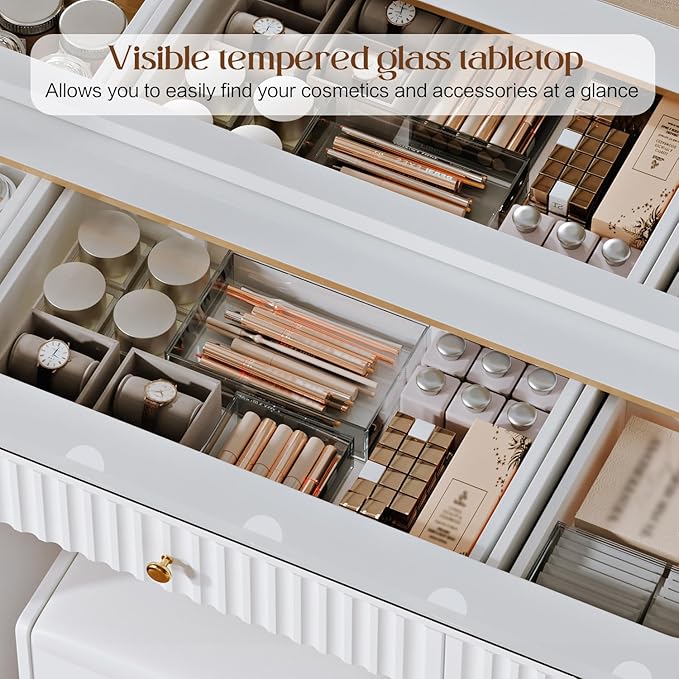 Fluted Makeup Vanity Desk with 46" HD Lighted Mirror, Big Modern Vanity Desk - Image 4