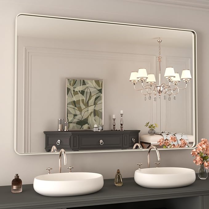 WEER 48X32 Inch Brushed Nickel Bathroom Mirror, Brushed Silver Metal Frame by WEER