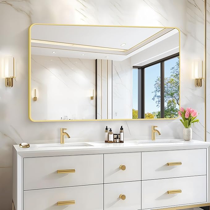 55x36 Inch Gold Bathroom Mirror, Metal Framed Large Rectangle Mirror, Rounded - Image 3