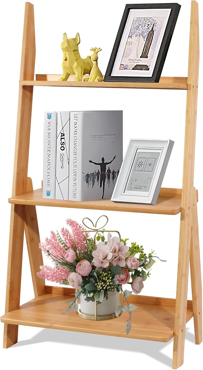 DOUSY-3-Tier Ladder Shelf, Bamboo Ladder Bookshelf Leaning Bookcase Trapezoid by DOUSY