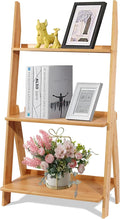 DOUSY-3-Tier Ladder Shelf, Bamboo Ladder Bookshelf Leaning Bookcase Trapezoid by DOUSY
