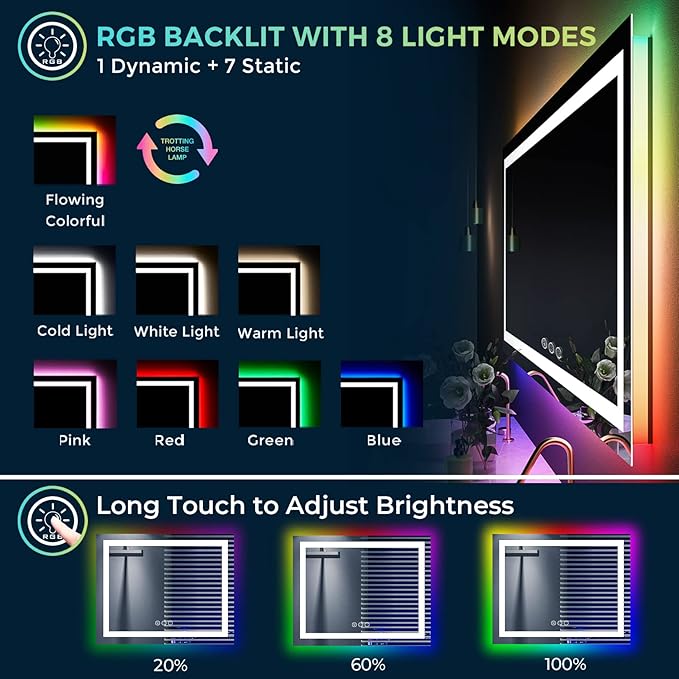 40x32 Inch RGB LED Bathroom Mirror Front Light and RGB Backlit Lighted Vanity - Image 3