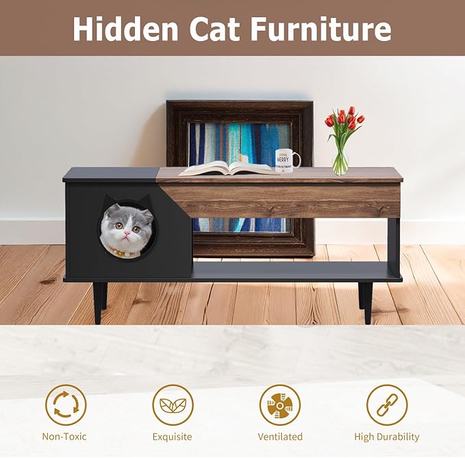 GAOMON Black Coffee Table 45'' Cat Living Room Tables - Image 3